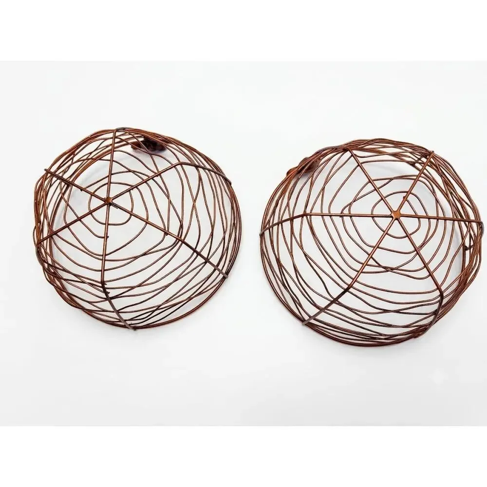 Vintage 1970s Handmade Copper Tone Wire Nest Baskets with Bird Finials Set of 2